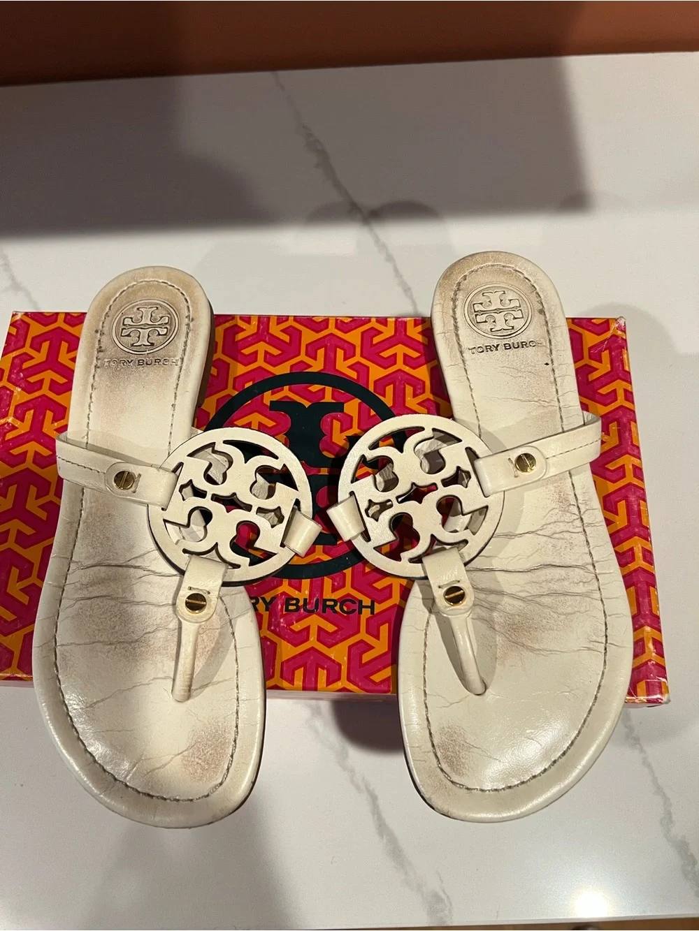 Tory Burch Cream Miller Logo Thong Sandals